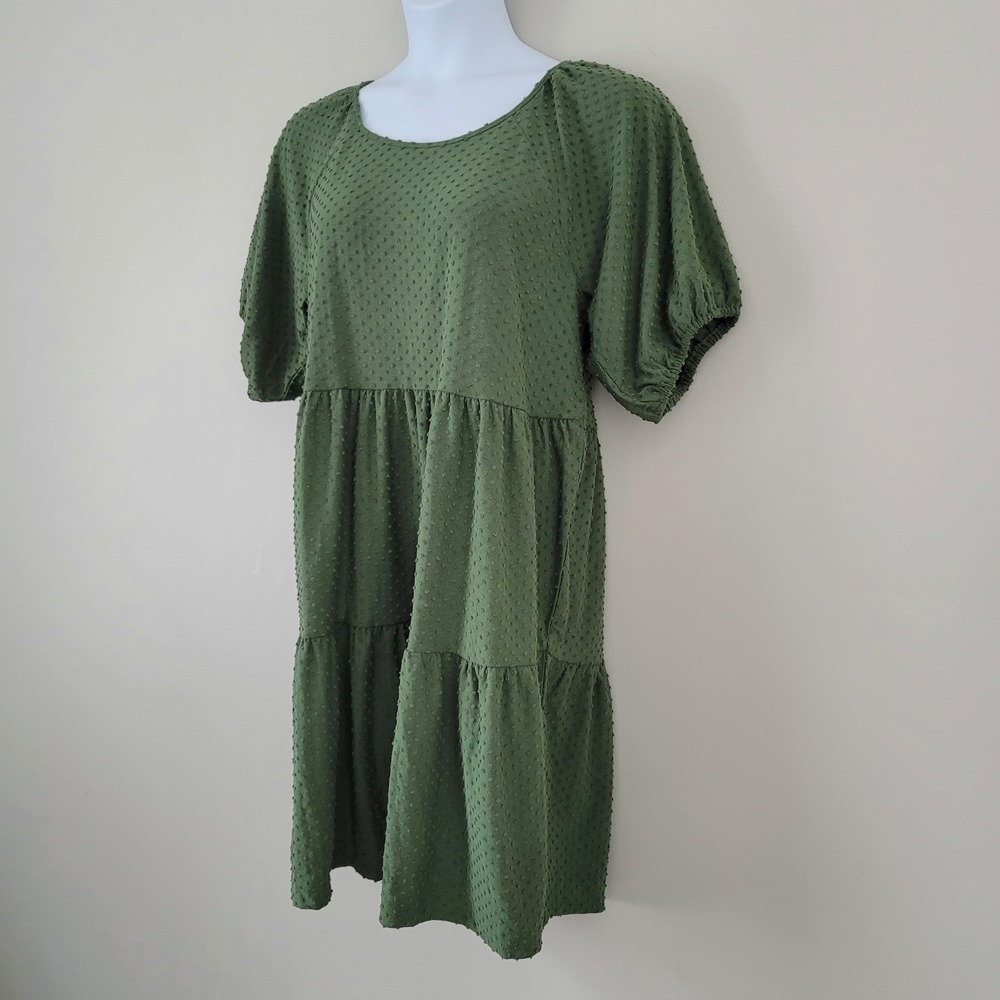 J.CREW Size XL Olive Green Short Sleeve Clip-Dot Tiered Babydoll Dress NWT BK512 - Picture 8 of 9